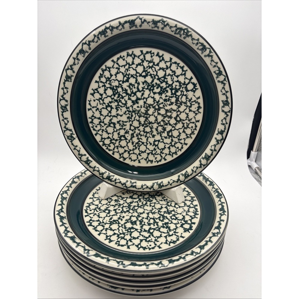Set Of 6 Tienshan Stoneware Country Crock Sponge Green Dinner Plate Diameter 11"